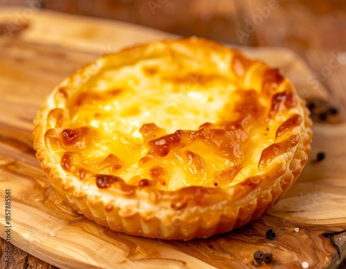 A golden-brown cheese tart on a wooden board