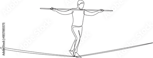 Continuous one line drawing of a person balancing on a tightrope, walking with a stick, one line Art icon drawing