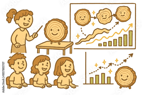 Whimsical Tree Dendrochronology. Whimsical doodle dendrochronology classroom with smiling students, cartoon tree slices with faces