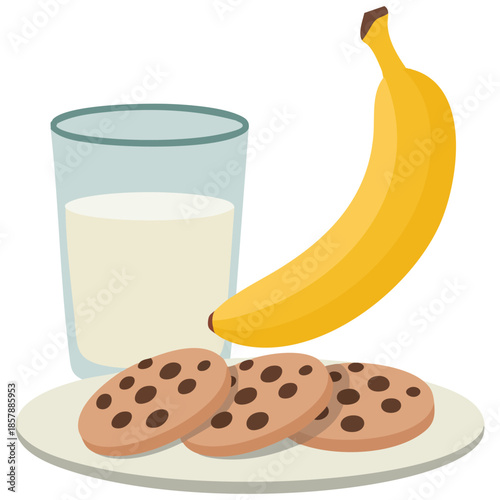 Milk and cookies with banana cartoon vector free space for text isolated vector illustration on white background