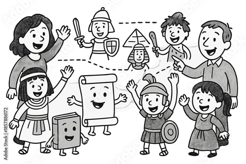 Playful Historical Reenactment. Playful doodle educational reenactment scene with smiling teachers, students in costumes, scrolls