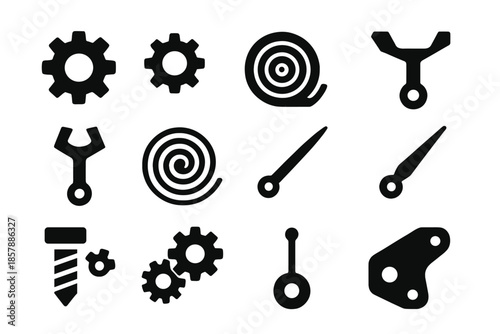 Mechanical Precision Icons. Solid style icons of Mechanical precision: cogwheel, pinion, spring barrel, regulator index, pallet