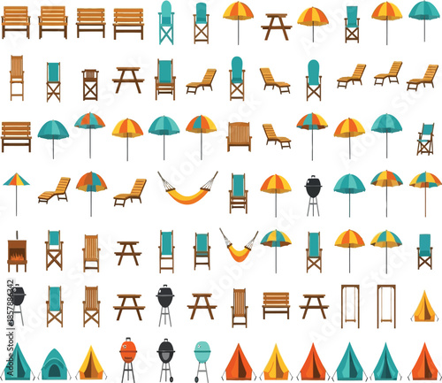 Colorful beach accessories umbrellas chairs tents and summer vacation essentials