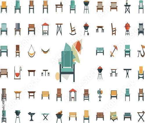 Collection of colorful stylized furniture icons including chairs tables and benches