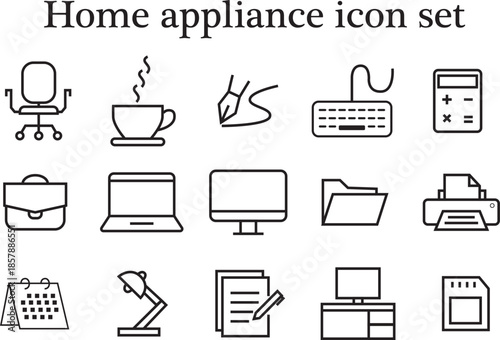 set of home appliance icons for web. line art icon design of chair,coffee cup,pen,keypad,bag,monitor,card and more