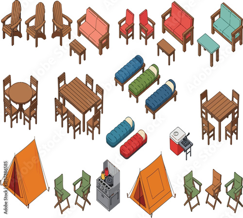 Isometric outdoor furniture set including tables chairs sofas and camping equipment