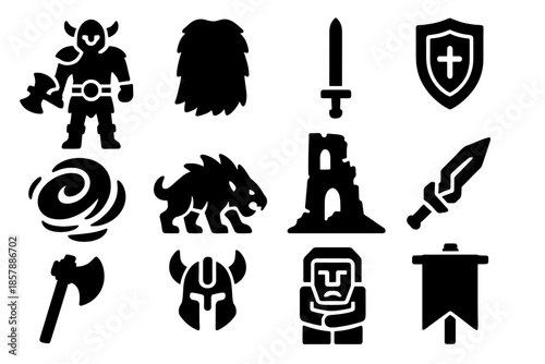 Space Barbarians Icons. Solid style icons of Space Barbarians: Warrior, Fur Cape, Long Sword, Shield, Sandstorm, Alien Beast,