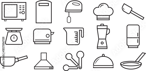 set of kitchen tools, linear line vector art of household appliances
