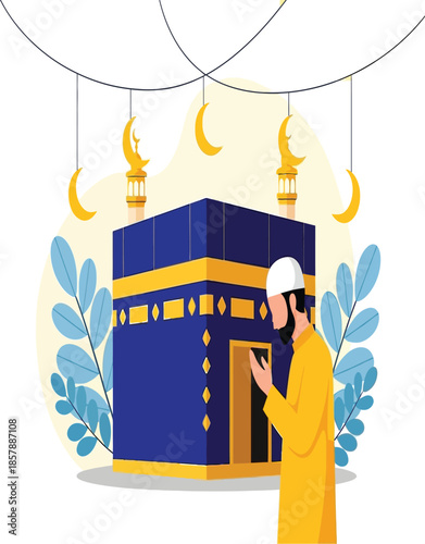 Ramadan illustration featuring the kaaba crescent moons and a praying man