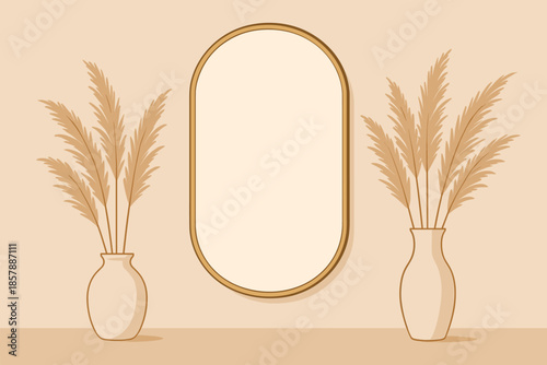 Elegant Minimalist Mirror. Minimalist golden mirror frame placed on a soft beige wall, surrounded by dried pampas grass in ceramic