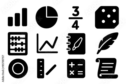 Early Games Icons. Solid style icons of statistical analysis in early games: bar chart, pie chart, fraction, dice, abacus, graph
