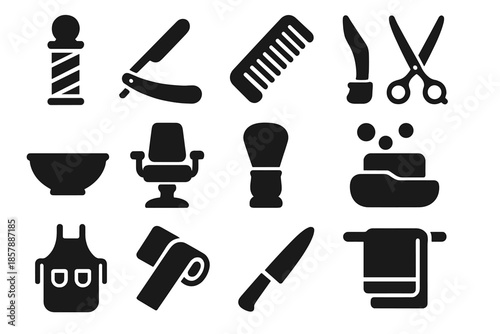 Barber-Surgeon Icons. Solid style icons of Barber-Surgeons: Barber Pole, Razor, Comb, Shears, Small Bowl, Chair, Brush, Soap,