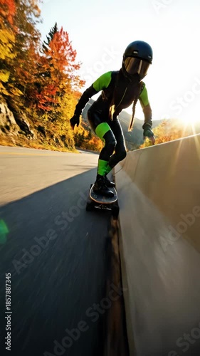 Longboarder Carving Downhill on Asphalt Road with Autumn Foliage and Sun.