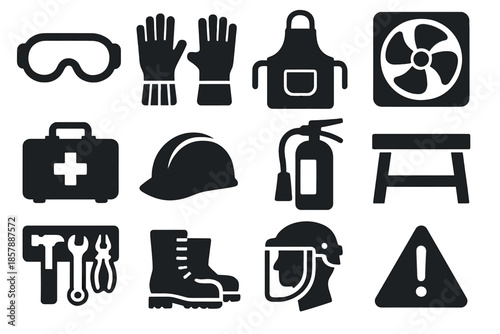 Studio Safety Icons. Solid style icons of studio safety and equipment: protective goggles, heat-resistant gloves, leather apron,