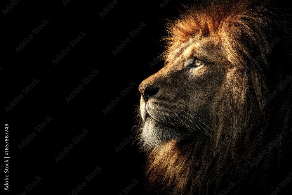Naklejka premium Majestic lion portrait against dark background side profile with sunlight