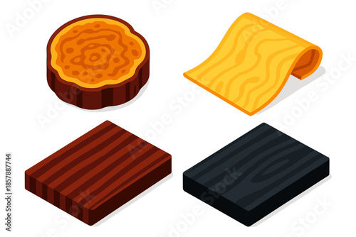 Vibrant Wood Veneers. Isometric vector illustration set Types of Wood Veneers: Walnut burl slice, maple curl sheet, rosewood