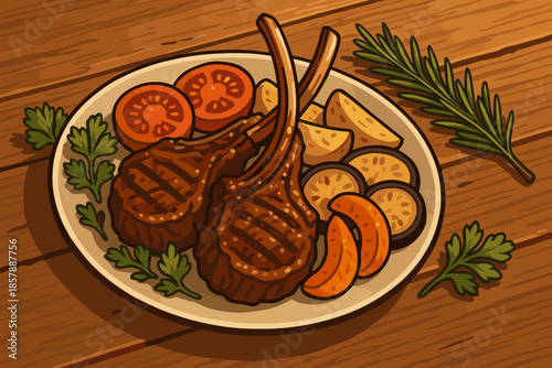 Gourmet Rustic Feast. Rustic wooden table set with grilled lamb chops, roasted vegetables, and fresh herbs, warm natural lighting,