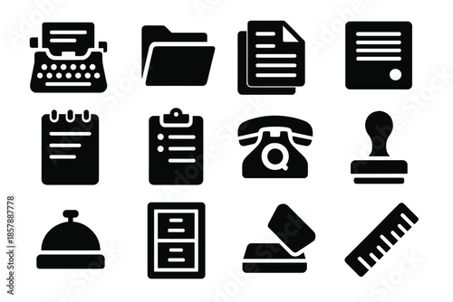 Office Icons Collection. Solid style icons of Office Communication: Typewriter, File Folder, Carbon Paper, Intercom, Notepad,