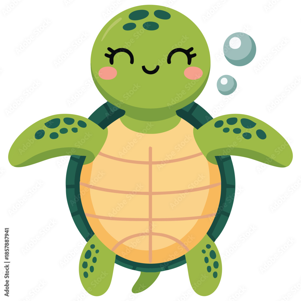 Obraz premium A cute cartoon turtle swimming blue water bubbles brown shell friendly