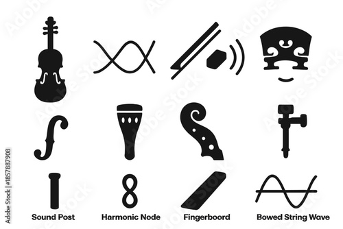 Violin Sound Production Icons. Solid style icons of violin sound production: violin body, vibrating string, bow with rosin, bridge