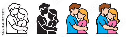 Hugging couple icon set with linear editable stroke, color fill, solid, and pixel styles for Valentine’s Day. Romantic love, relationship, dating, and wedding symbols for card, app, logo