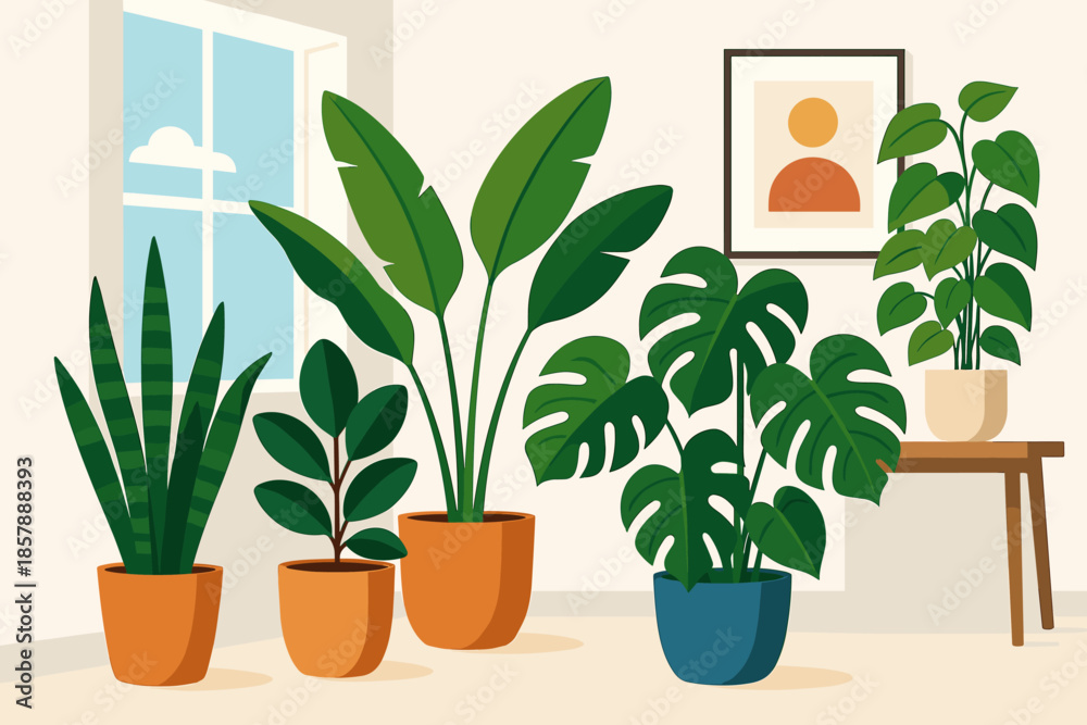 Obraz premium Modern Home Plants. Vibrant potted plants arranged in a minimalistic modern home interior, sharp and clean vector illustration