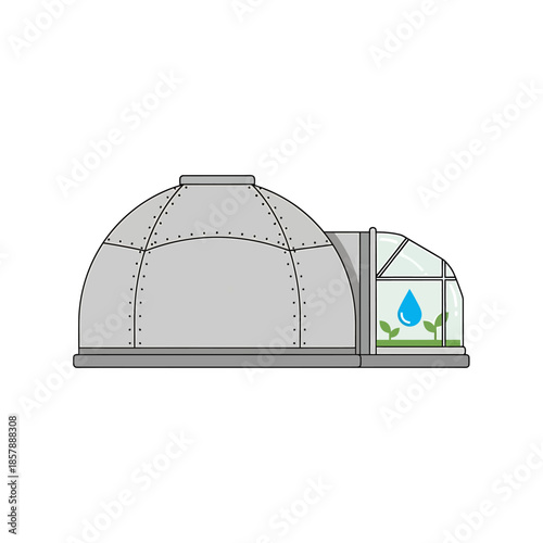 Illustration of a greenhouse with a water droplet inside