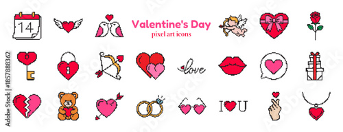 Set of 22 pixel Valentine icons in cute 8-bit style. Retro love and romance pack with heart, gift, ring, calendar, chat, and date symbols for game, app, sticker, card, and social media design.