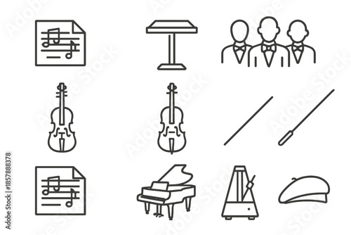 Musical Remnants Icons. Line style icons of Musical Remnants: Unfinished Score, Conductor's Podium, Silent Orchestra, Lost Genius;