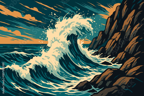 Dramatic Waves and Rocks. Dynamic shot of waves crashing on a rocky shoreline under dramatic lighting, powerful and bold tones,