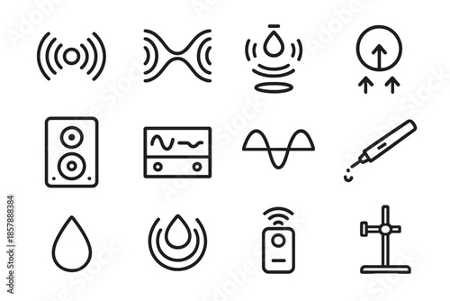 Acoustic Levitation Icons. Line style icons of Acoustic Levitation: Sound Wave, Standing Wave, Levitated Droplet, Anti-Gravity;