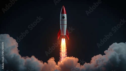 A rocket ship blasting off into the dark sky with flames and smoke
