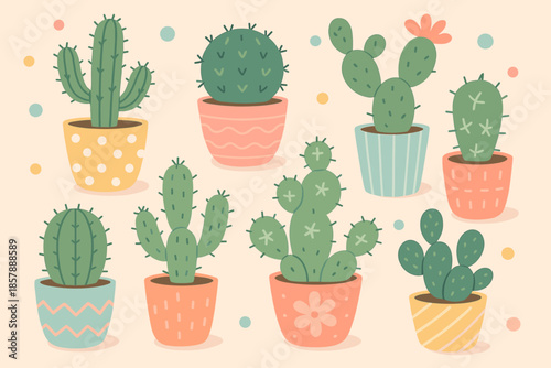 Playful Potted Cacti. Flat lay of playful potted cacti in colorful patterned pots, soft pastel tones, bright and cheerful, ideal