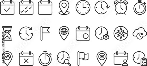 Time and location icons, hourglass, calendar, clock, pin, flag, stopwatch, globe pointer, minimal line style for maps, schedule planner, interface ui pack, vector illustration