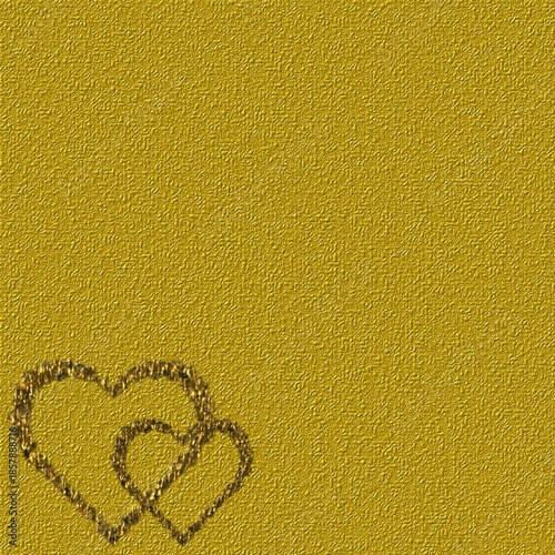 Golden yellow fabric texture with love symbol embossed in corner, romantic textile background with heart design.