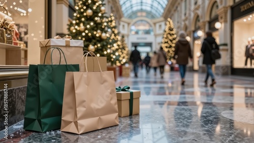 Gift bags and boxes on shiny mall floor