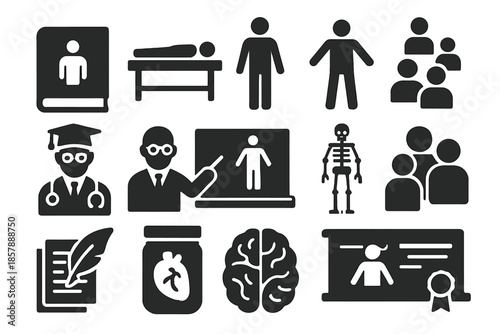 Medical Education Icons. Solid style icons of medical education: anatomy book, dissection table, cadaver diagram, lecture hall,