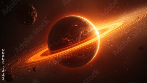 A stunning celestial body with a vibrant ring system in space