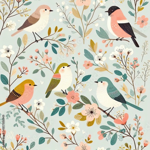 Scandinavian spring birds pattern with soft pastel florals and a clean Nordic aesthetic, perfect for textiles, wallpapers, nursery decor, and surface design projects.