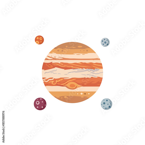 A vibrant illustration of Jupiter surrounded by its four moons in a stylized astronomical depiction