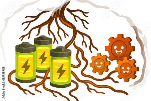 Glowing Battery Cavern. Underground storage cavern with glowing batteries, cheerful gears, and roots shaped like cables No text,