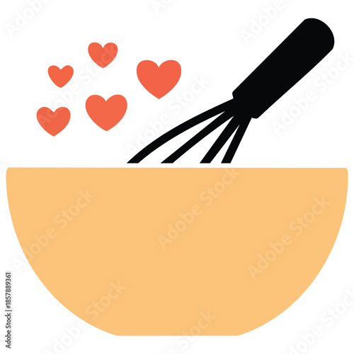 Kitchenware bowl with whisk and hearts ornament tool for mixing confectionery flat vector illustration