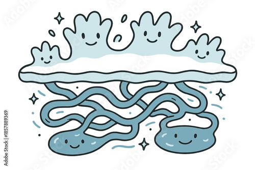 Playful Ice Hydrology. Playful doodle ice sheet hydrology illustration with happy crevasses, cartoon water channels weaving