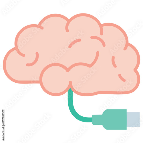 Brain and power cord concept of recharging energy strength vector illustration isolated white background