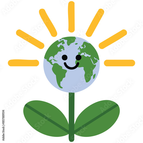 Happy Earth Day greeting card with cute cartoon Earth flower vector illustration isolated