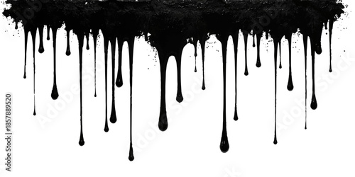 Grunge art illustration of black ink splats and frozen blue icicles dripping with melting snow and liquid paint splashes