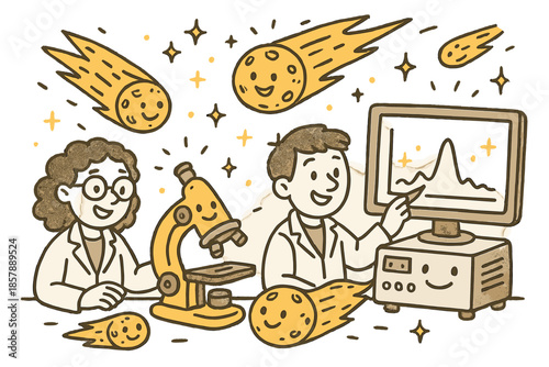 Cartoon Comet Lab. Playful doodle comet research lab with smiling scientists, cartoon comet models, cheerful spectrometers with