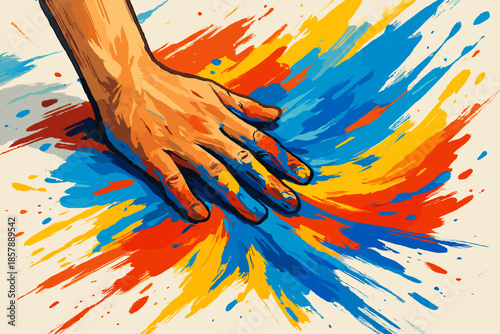 Creative Color Splash. Painter's hand smearing vibrant acrylic paints on a canvas, bold splashes of vector illustration color