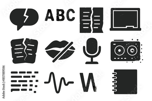 Communication Decay Icons. Solid style icons of Communication decay: broken speech bubble, faded letters, torn manuscript, erased