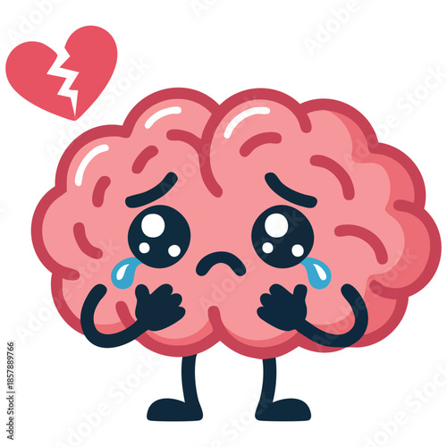 Burnout fatigue apathy concept with depressive cartoon sad brain vector illustration isolated white